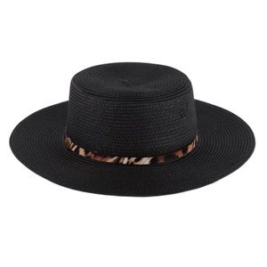 B120🖤🤎Black summer hat w/cutest leopard print trim around center! Boho best!